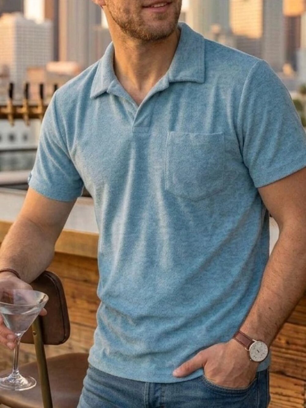 Criquet Terrycloth Polo Men's T-Shirt Short Sleeves Collared Solid Blue L 290645
